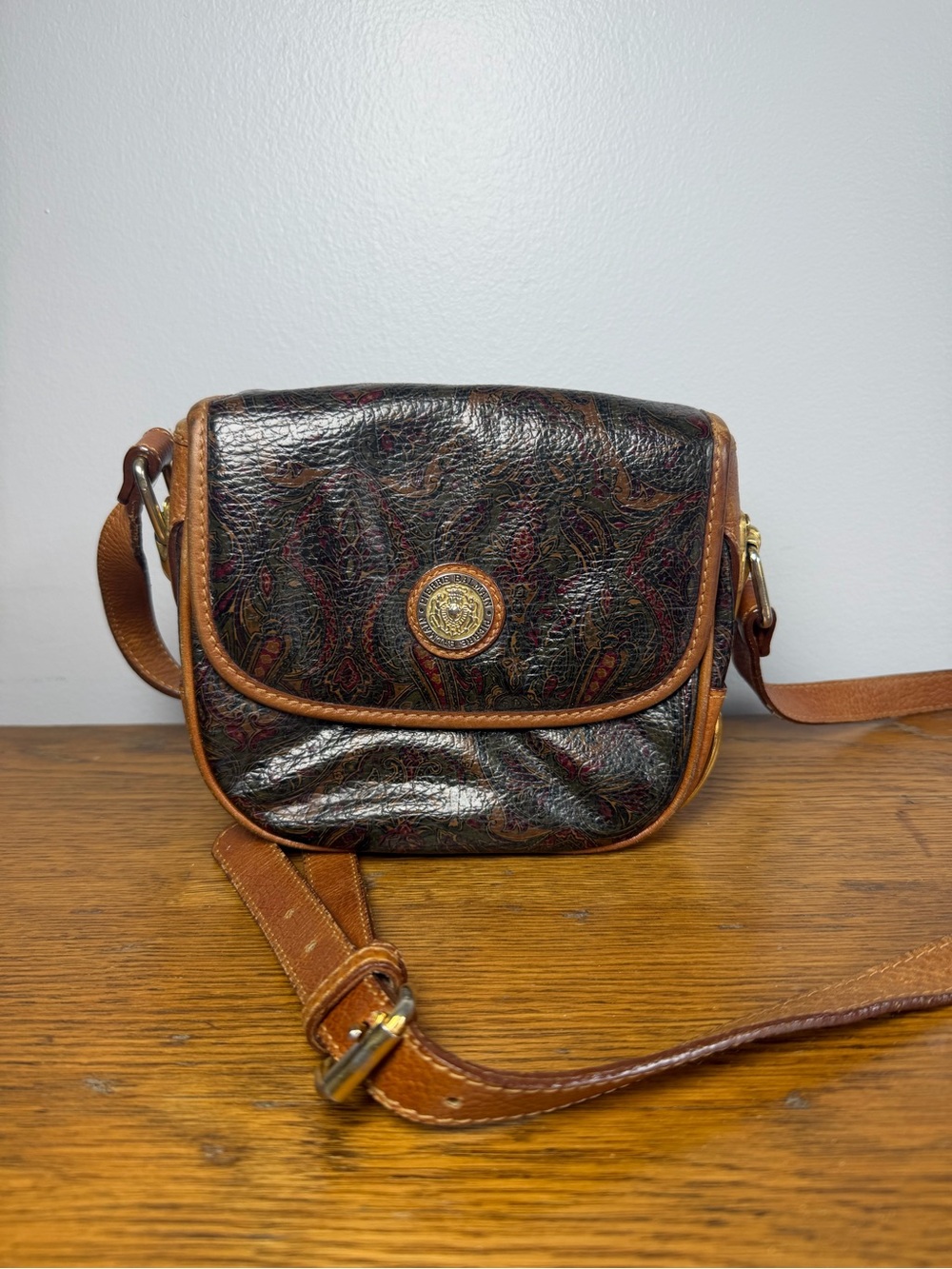 VTG Pierre Balmain Paisley Canvas Leather Trim Crossbody Shoulder Bag France.